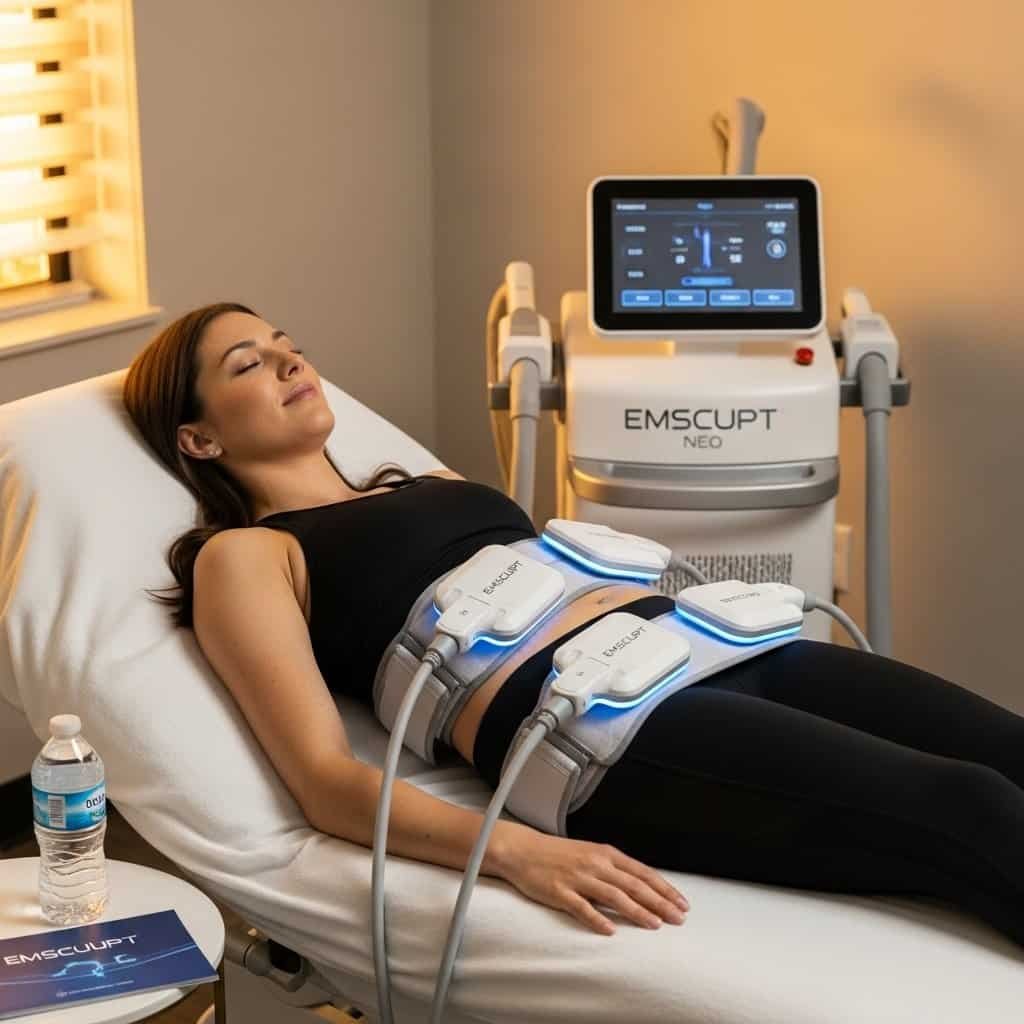Non-invasive body contouring treatment using EMSCULPT Neo device at American Cosmetic Clinic for muscle toning and fat reduction.