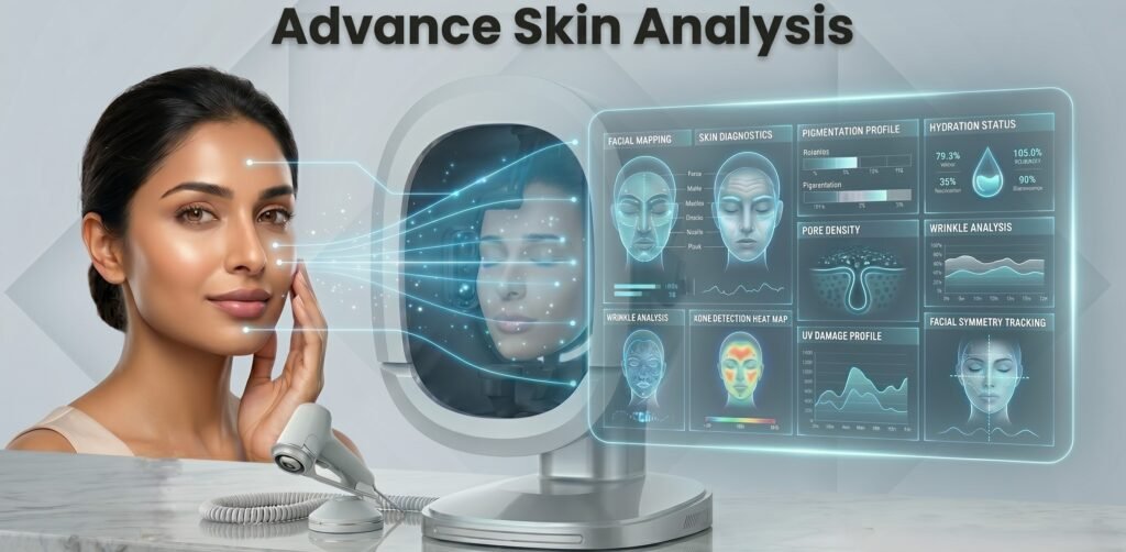 Ultra-wide premium website hero banner (4000x2000 px, 2:1 aspect ratio) showcasing futuristic AI-powered skin analysis in a luxury aesthetic clinic environment. A beautiful confident Indian woman (age 24–35) positioned on the left side in elegant close-up portrait style, soft glowing healthy skin, natural beauty aesthetic, gently touching her cheek with a confident expression. On the center-right, a futuristic AI skin analysis interface is displayed — modern holographic dermatology dashboard with advanced facial mapping, skin diagnostics, pigmentation zones, hydration analysis, pores, wrinkles, acne detection, UV damage scan, and facial symmetry tracking. The woman’s face is digitally connected to the analysis interface through elegant blue scanning lines and soft holographic particles, creating a premium AI-technology feel. Hero Layout & Composition: Left side: elegant close-up female face (luxury beauty aesthetic) Center-right: modern AI skin analysis dashboard replacing traditional black interface Far-right kept clean for website text overlay and CTA Clean premium composition with geometric soft shapes in background Minimal, luxury dermatology branding style Advanced Visual Elements: Holographic facial mesh mapping AI scanning points across forehead, cheeks, jawline, pores, pigmentation zones Transparent floating UI panels showing skin health indicators Subtle blue biometric scan lines Soft glowing skin-tech particles Minimal futuristic medical interface (Apple + luxury clinic aesthetic) Lighting & Style: Soft cinematic luxury skincare lighting Clean high-end dermatology advertisement look Photorealistic skin texture Premium glossy editorial finish Minimal yet futuristic Color Palette: White, silver, soft grey, luxury beige, cool blue glow accents Minimal premium aesthetic clinic theme